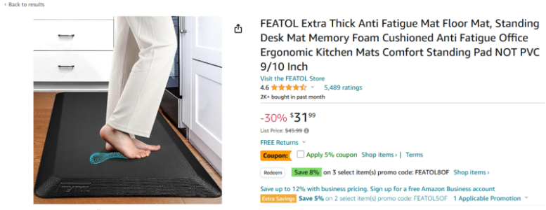 FEATOL Extra Thick Anti Fatigue Mat Floor Mat, Standing Desk Memory Foam  Cushioned Office Ergonomic Kitchen Mats Comfort Pad NOT PVC 9/10 Inch