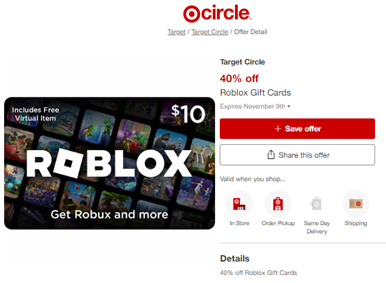 40% off roblox gift cards on the target app today only! : roblox