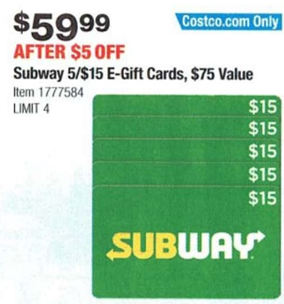 Subway Five Restaurant $15 E-Gift Cards ($75 Value)