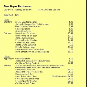 Blue Bayou Menu