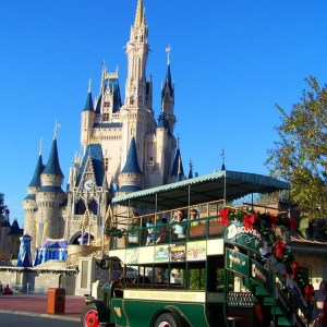 Castle and double-decker bus.