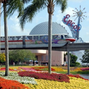 Monorail glides above gardens