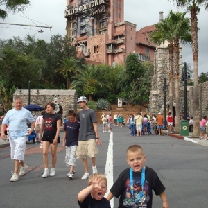 Being scary in front of the Tower of Terror