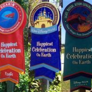 Happiest Celebration on Earth stitched banners.