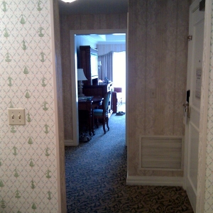 View from bathroom leading to bedroom area