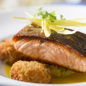 Wild Columbia River salmon with southern sweet corn pudding