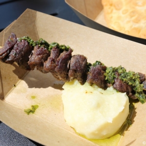 Grilled Beef Skewer with Chimichurri Sauce and Boniato Puree