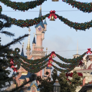 Castle through hanging decs over Main Street
