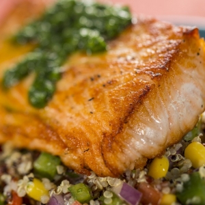 Roasted Verlasso Salmon with Quinoa Salad and Arugula Chimichurri