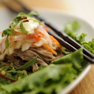 Roasted Pork Lettuce Wrap with Kimchi Slaw