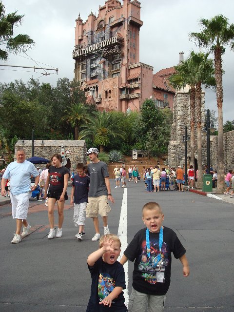 Being scary in front of the Tower of Terror