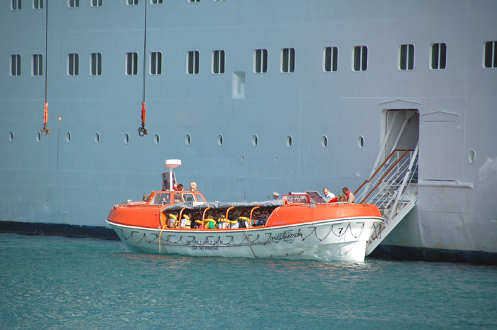 Crew doing life boat training in Nassau