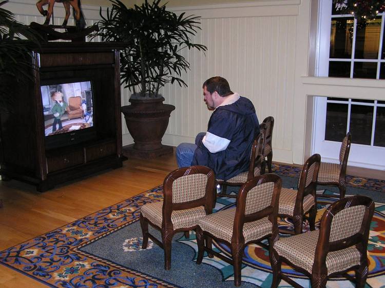Even the big kids enjoy the TV at Saratoga Springs