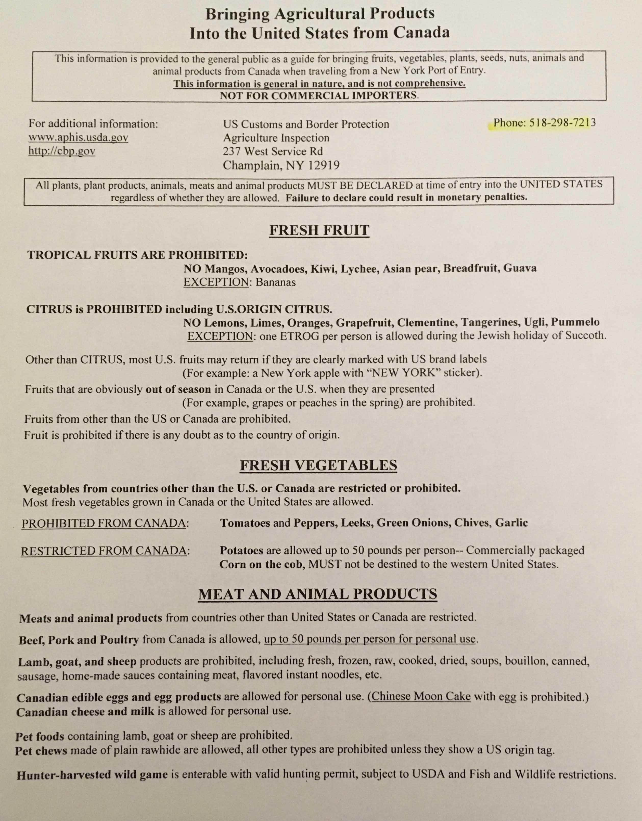 Food allowed in USA from Canada