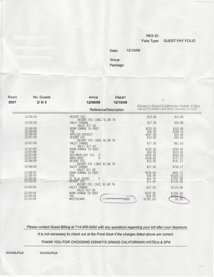 Grand Californian Hotel bill