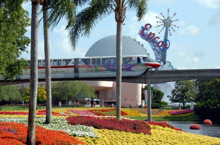 Monorail glides above gardens