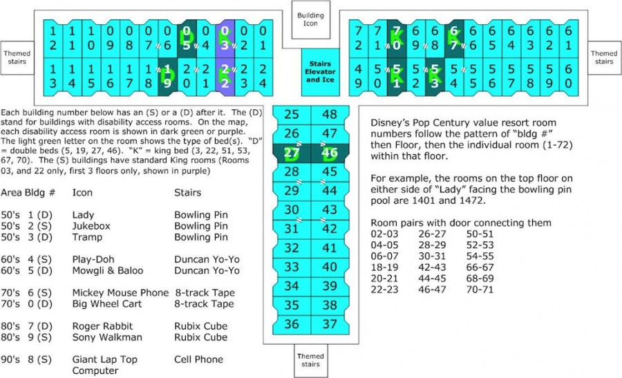 Pop Century building room layout with King bed and accessible rooms