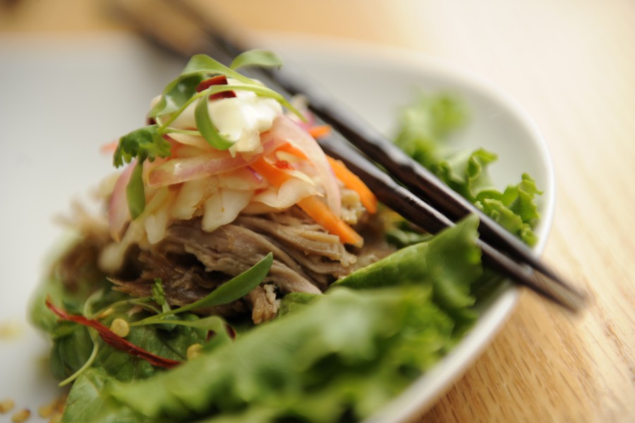 Roasted Pork Lettuce Wrap with Kimchi Slaw