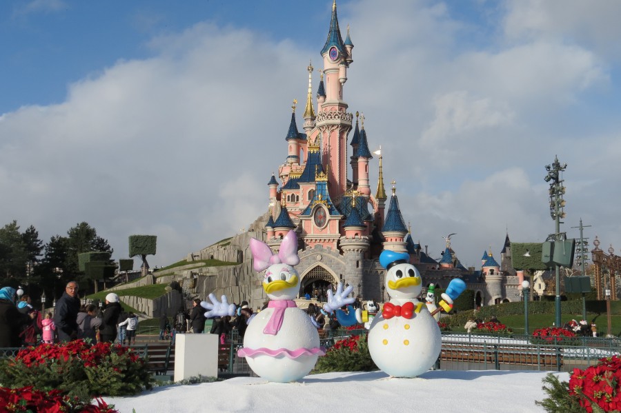 Snowmen in front of castle - day