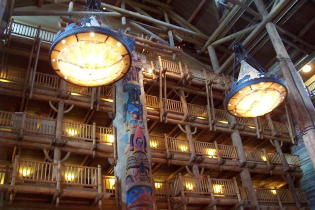 Wide shot of lobby chandeliers.