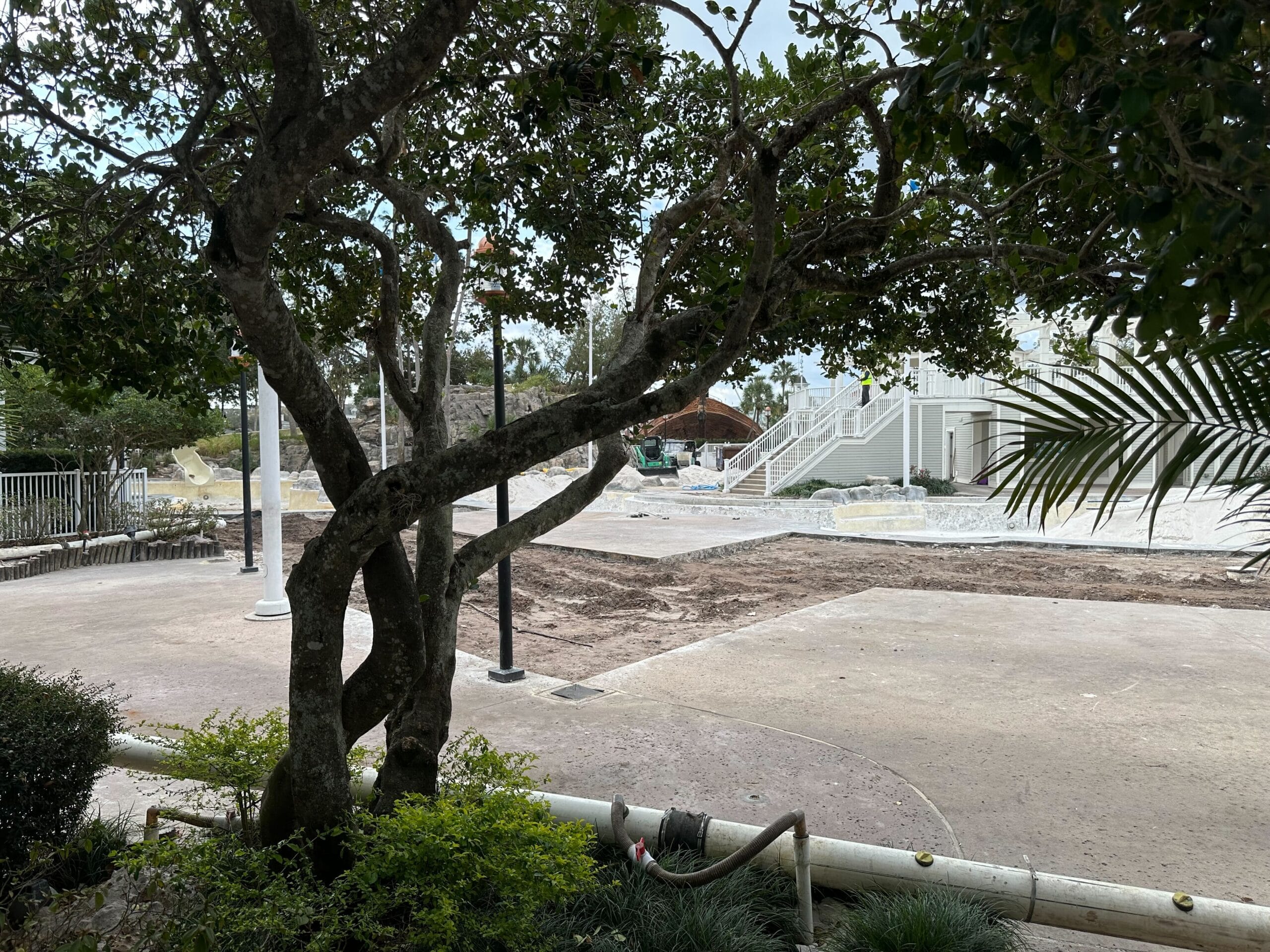 Concrete area under construction with tree in foreground. Dirt sections suggest ongoing landscaping work. Staircase and building visible in the background.