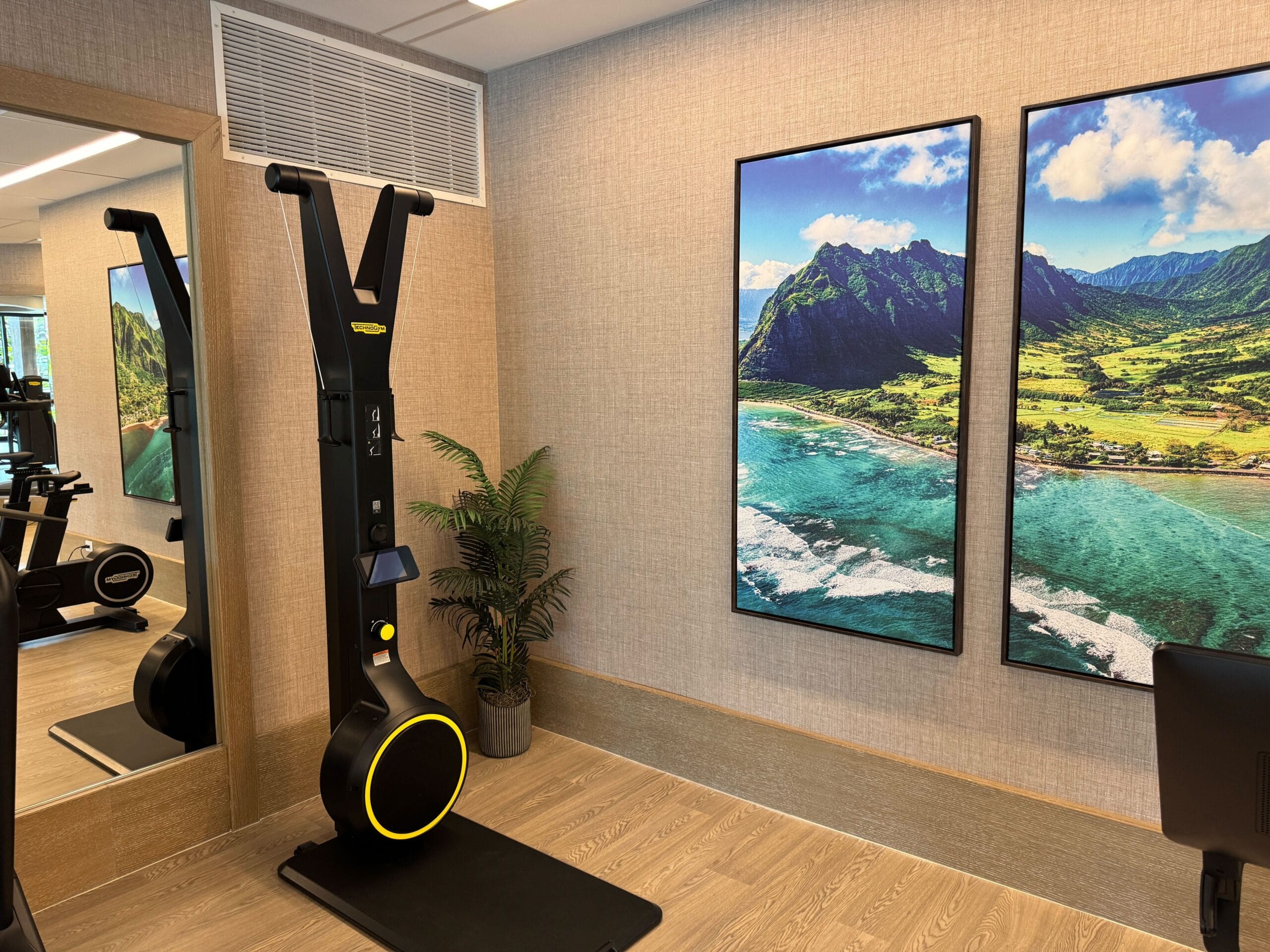 Fitness room with an exercise machine, a mirror, and two large framed scenic landscape photos on the beige walls. A green plant is placed near the machine.