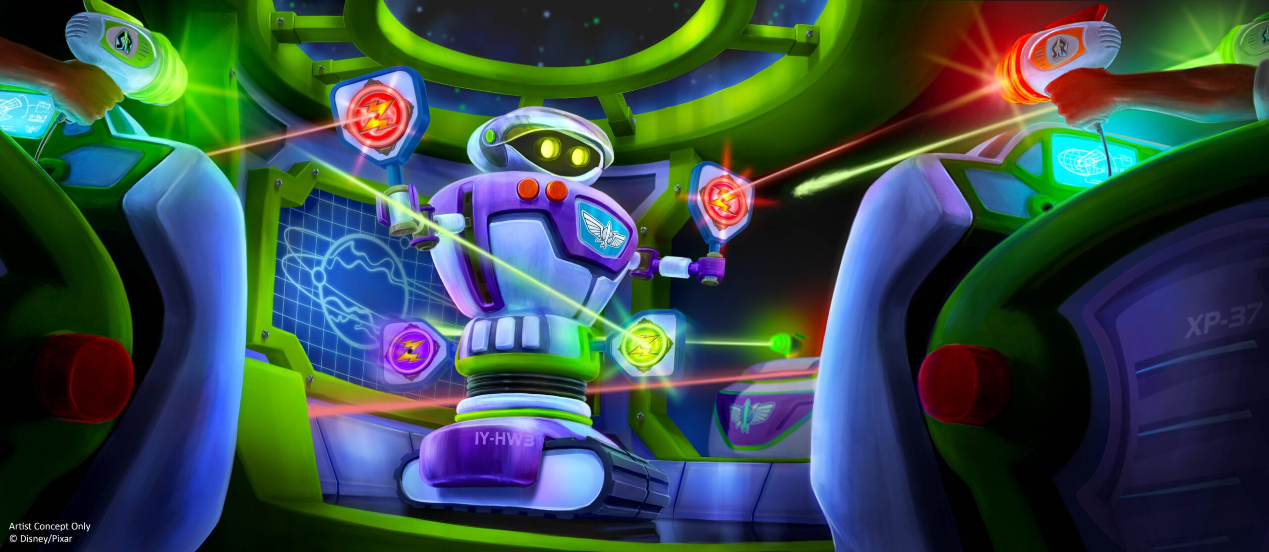 In a futuristic control room aglow with neon lights, a robot expertly shields from laser beams. Reminiscent of Buzz Lightyear's Space Ranger Spin, the spaceship interior buzzes with monitors displaying data, capturing the essence of a sci-fi Magic Kingdom adventure.