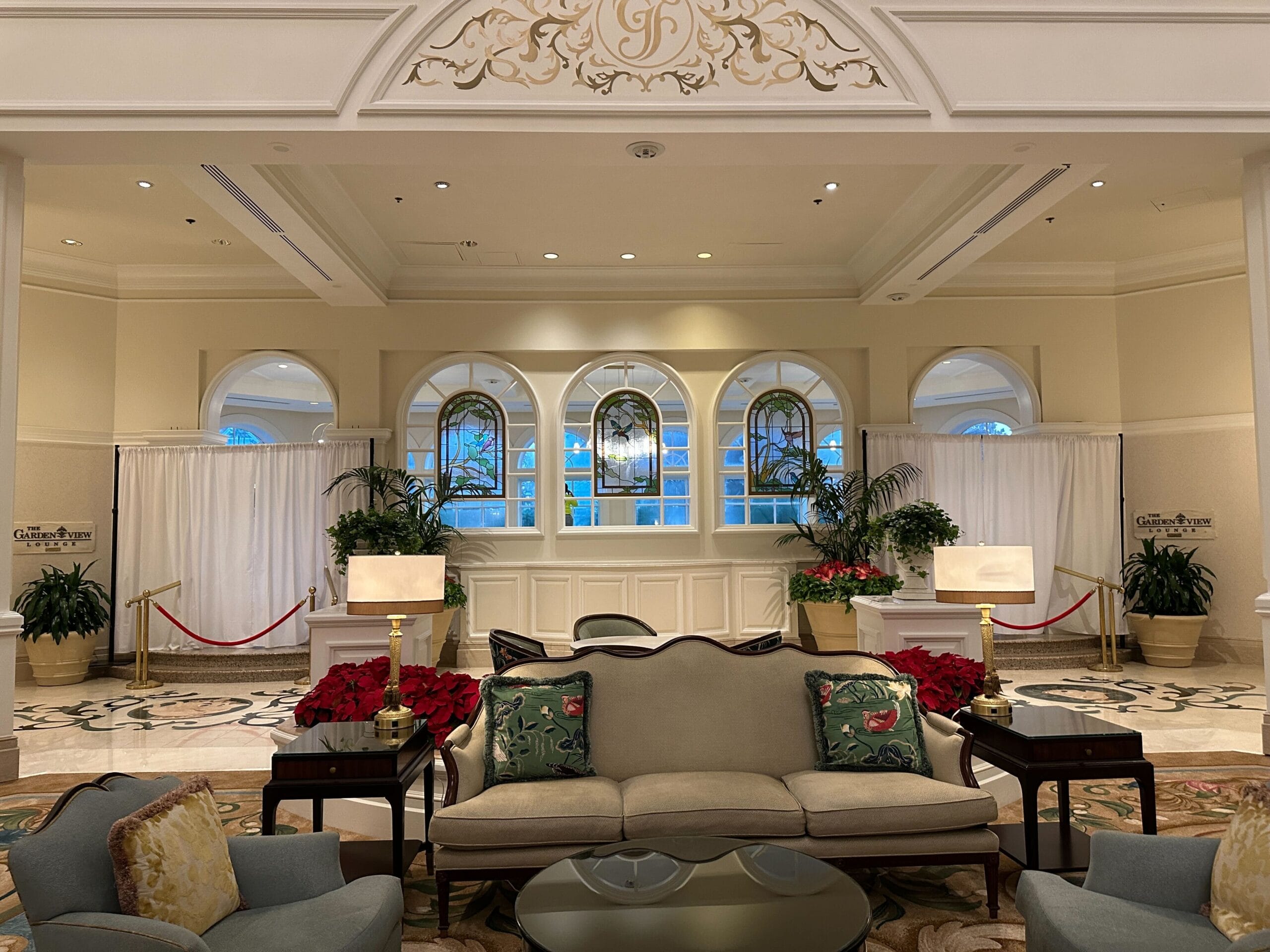 The construction walls and scrim are down from the Garden View Tea Room in Disney's Grand Floridian Resort lobby, revealing new stained glass artwork.