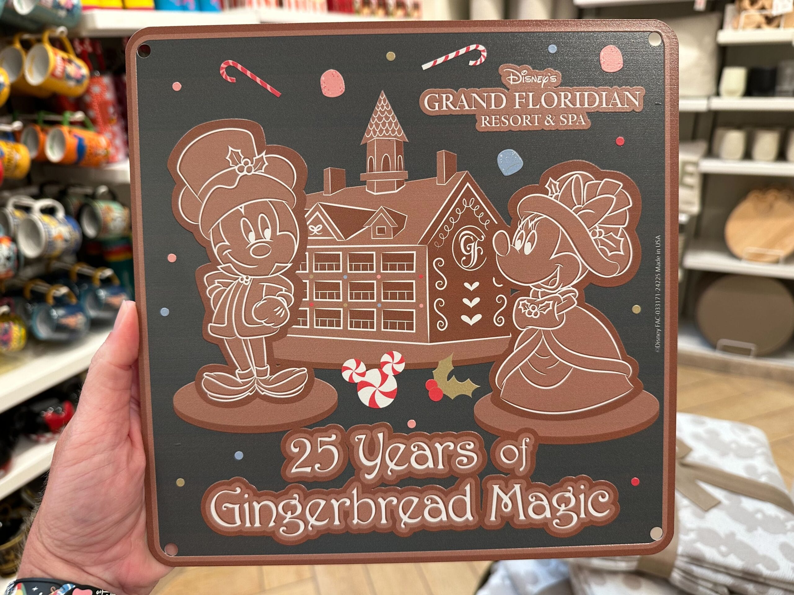 Commemorative plaque celebrating 25 years of Gingerbread Magic at Disney's Grand Floridian Resort & Spa, featuring decorative gingerbread characters and a house.