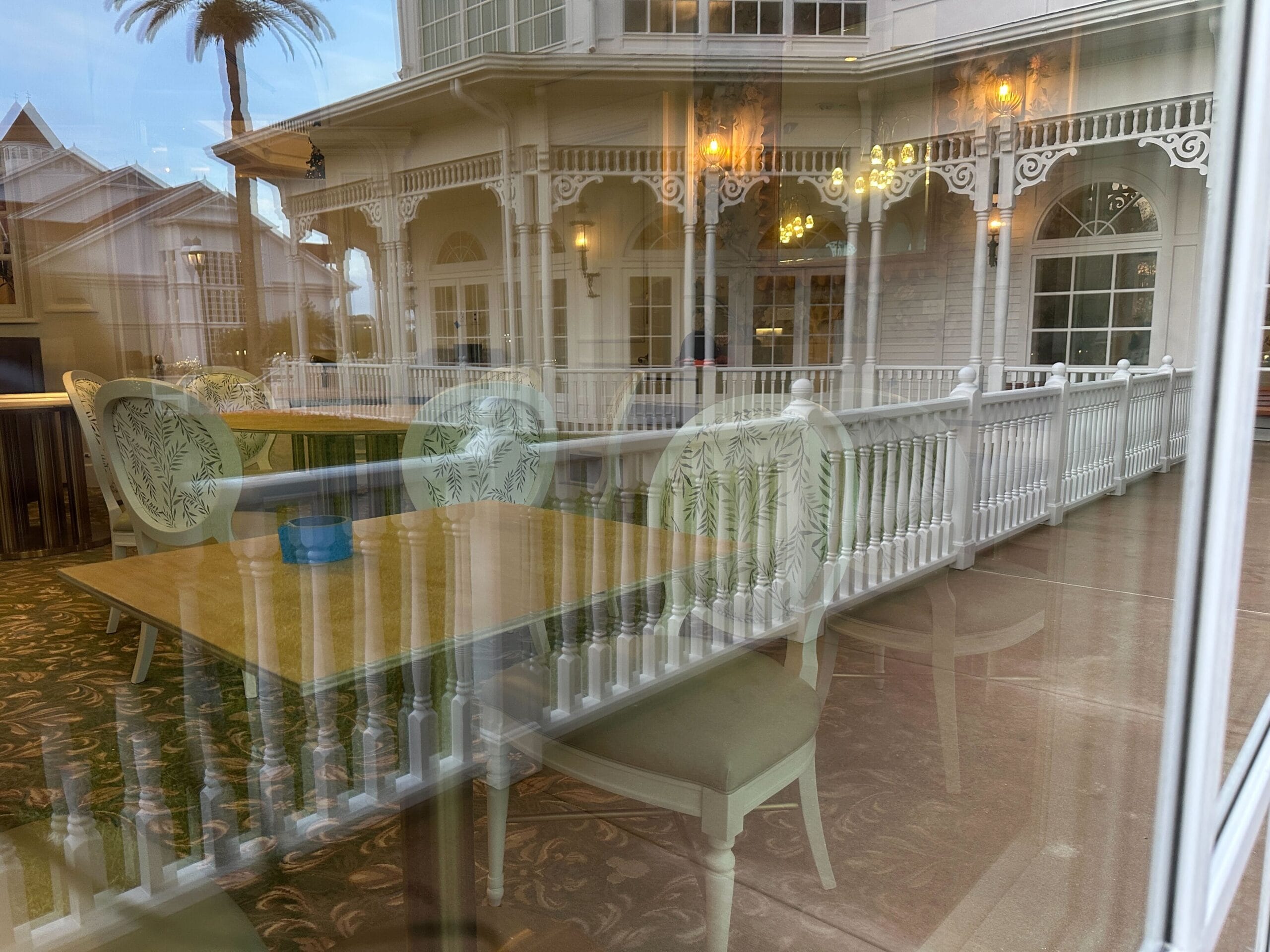 The construction walls and scrim are down from the Garden View Tea Room in Disney's Grand Floridian Resort lobby.