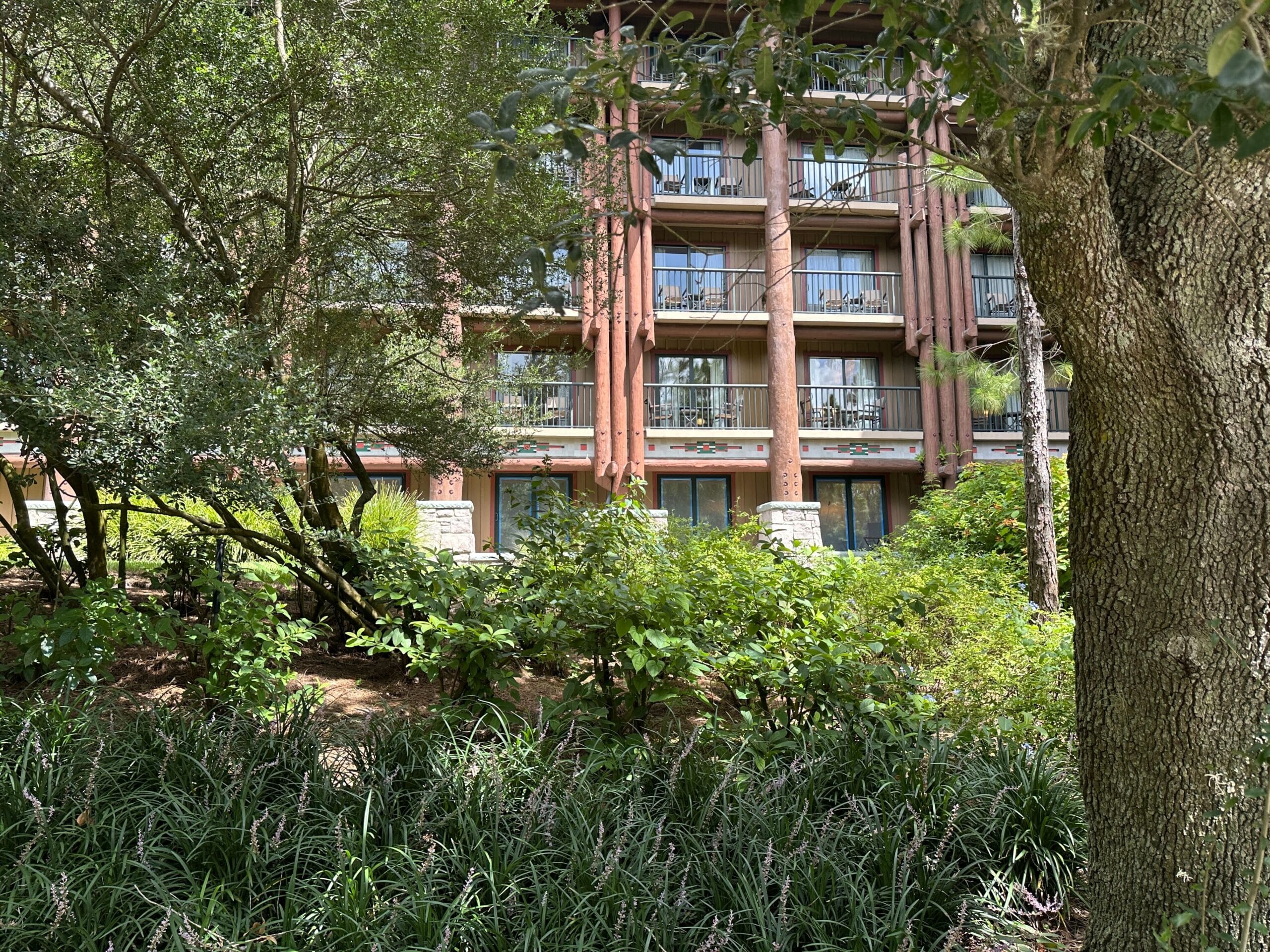 Wilderness Lodge balconies surrounded by lush green trees and plants.