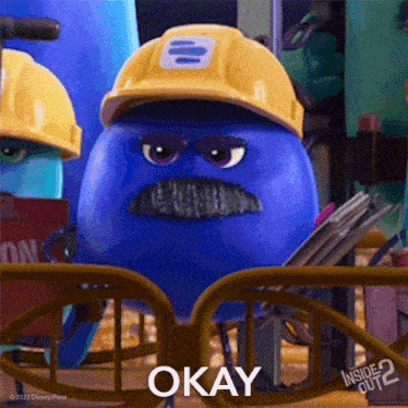 a blue cartoon character from inside out 2 wearing a hard hat