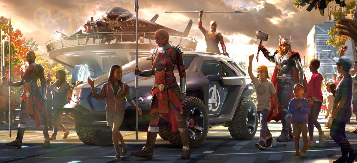 Paris Avengers Campus concept art featuring Dora Milaje and Thor