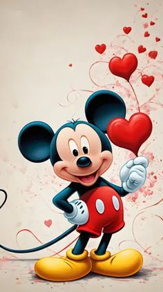 This may contain: a mickey mouse holding a heart on top of a white surface with red hearts in the background