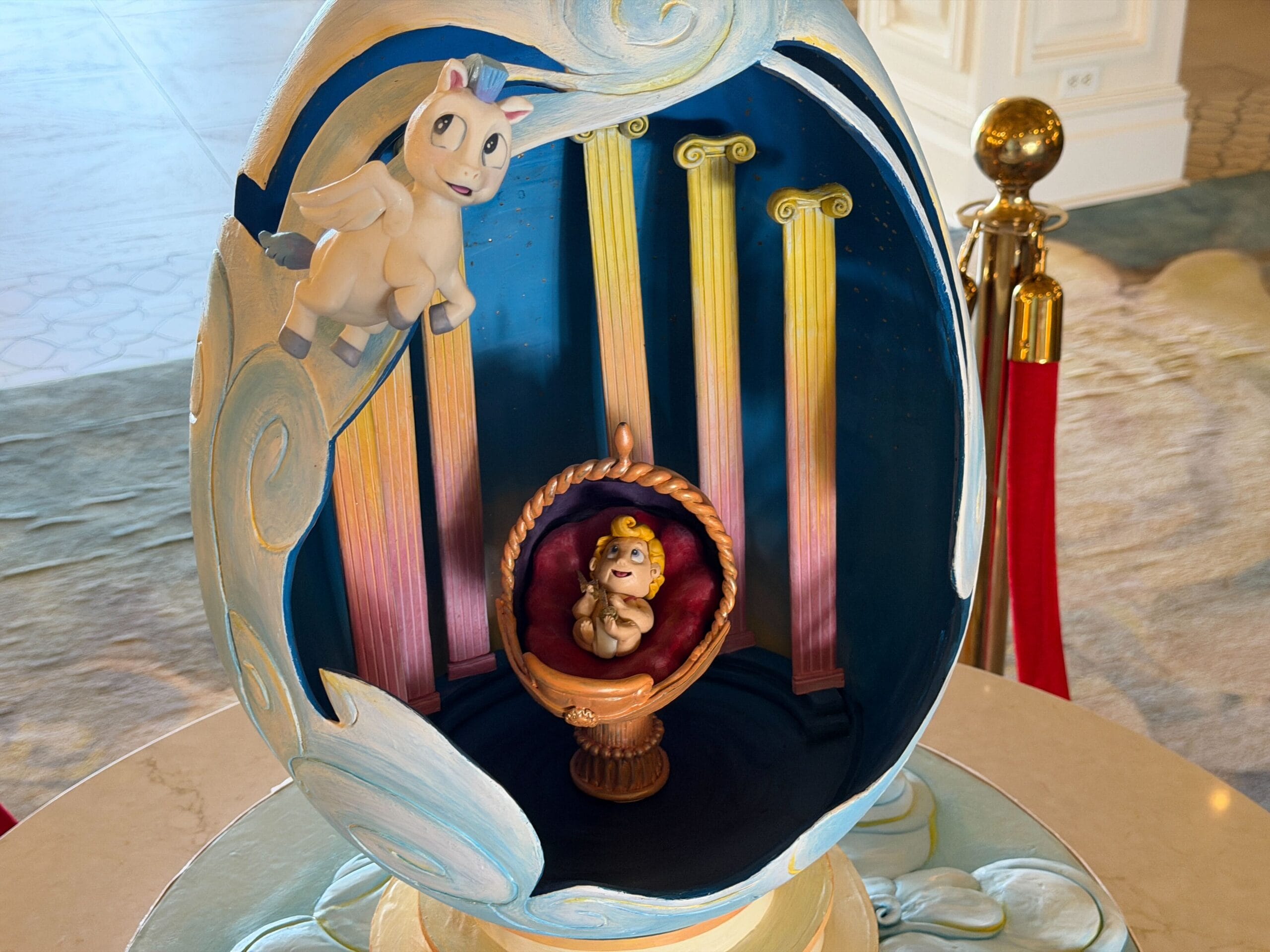 Chocolate Easter egg display themed to Hercules in the lobby of the Grand Floridian Resort at Walt Disney World