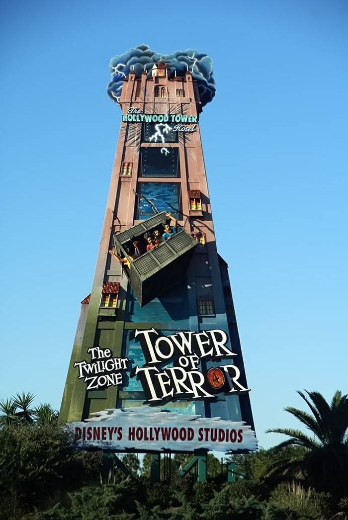 The Tower of Terror billboard features moving elevator and has is a Walt Disney World landmark