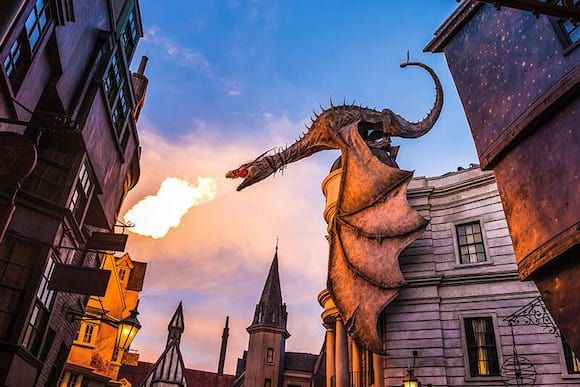 The fire breathing dragon perched on top of the entrance to the thrill ride  Harry Potter and… | Universal orlando, Island of adventure orlando, Best  amusement parks