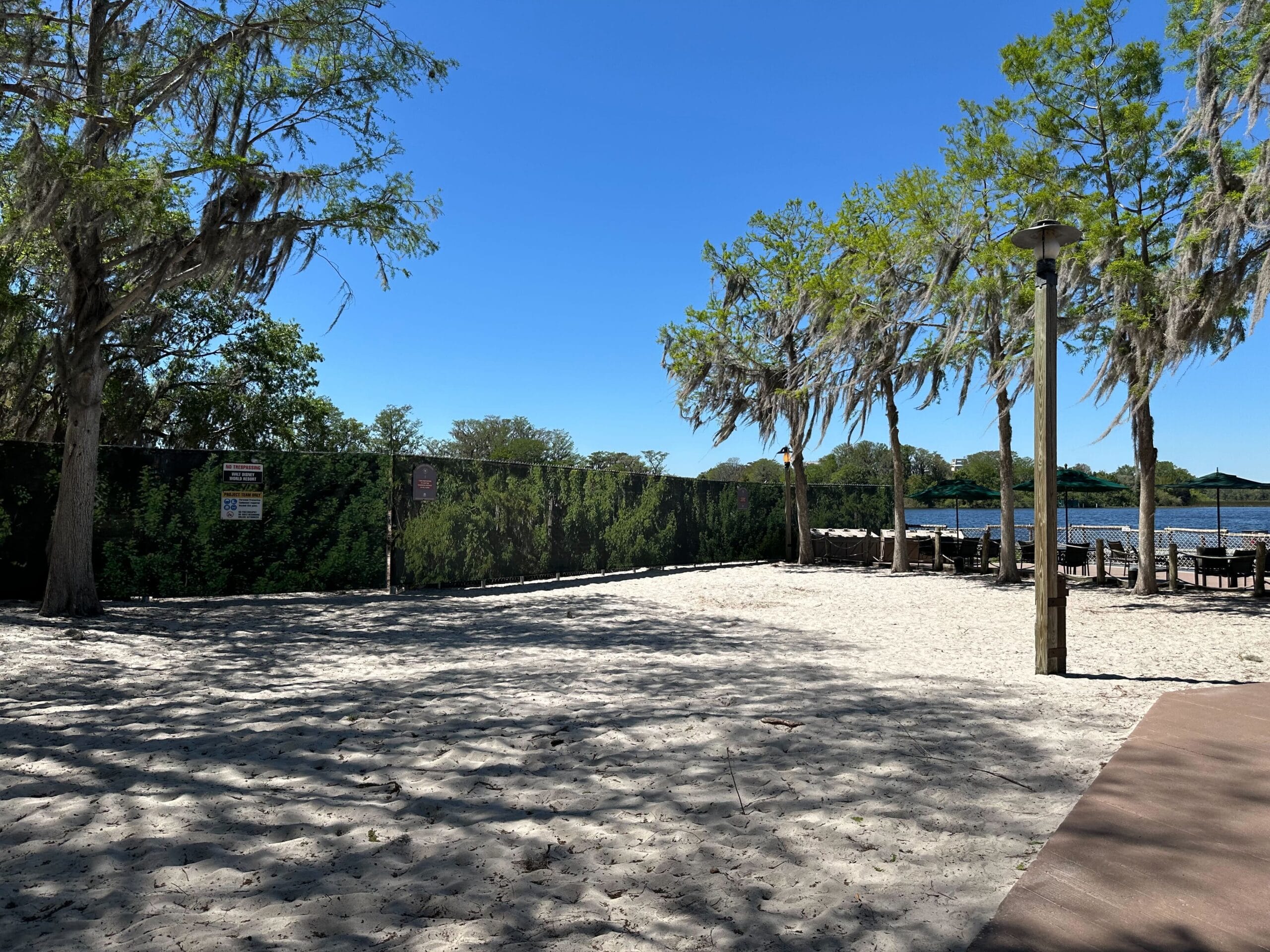 Sandy area with scattered trees beside a fence under a clear blue sky. A lake is visible in the background.