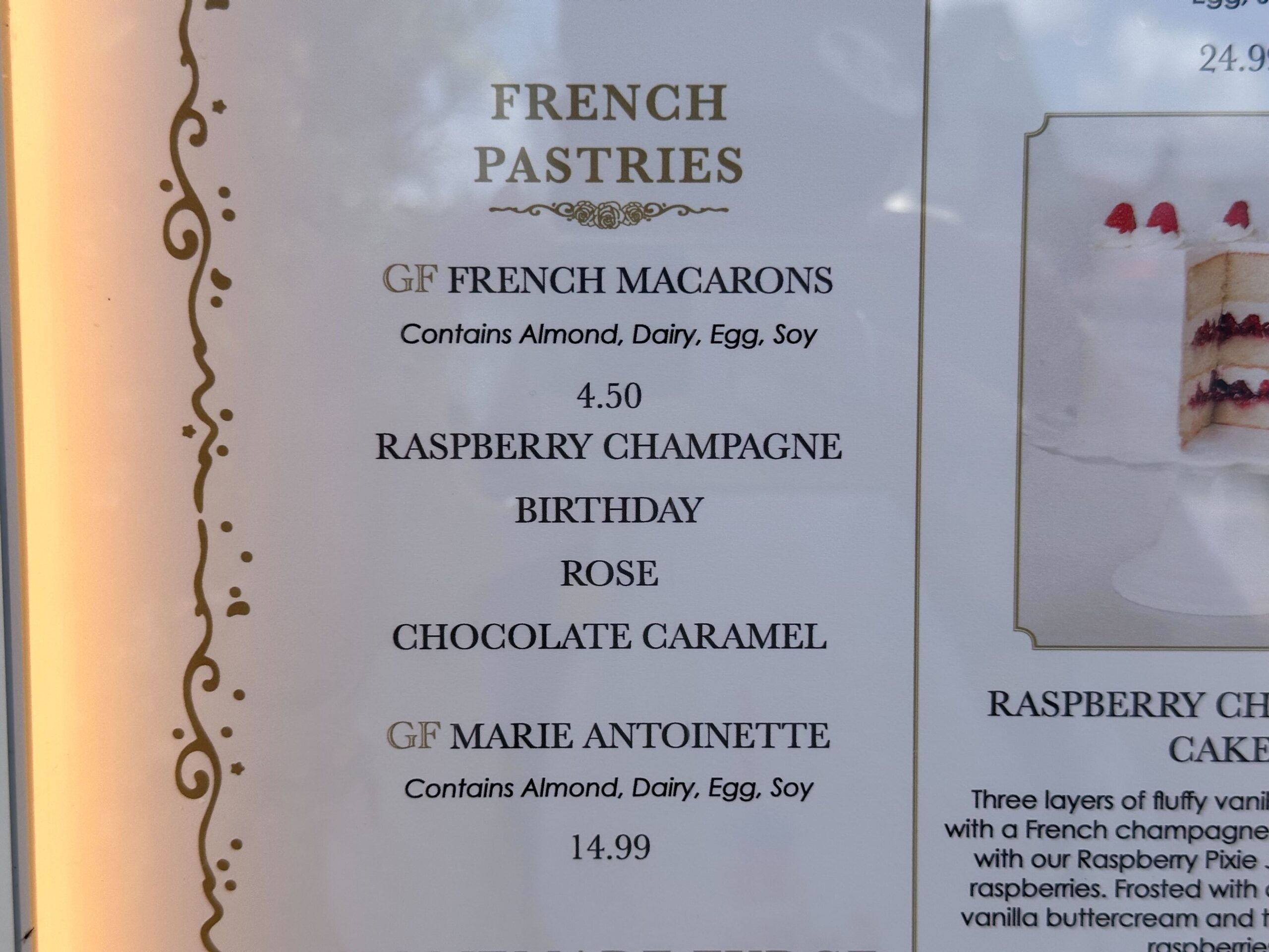Explore our cake bake shop menu featuring exquisite French pastries, including gluten-free macarons and Marie Antoinette. Crafted with almond, dairy, egg, and soy, these treats are priced at $4.50 and $14.99. Indulge in a taste of Parisian delight!
