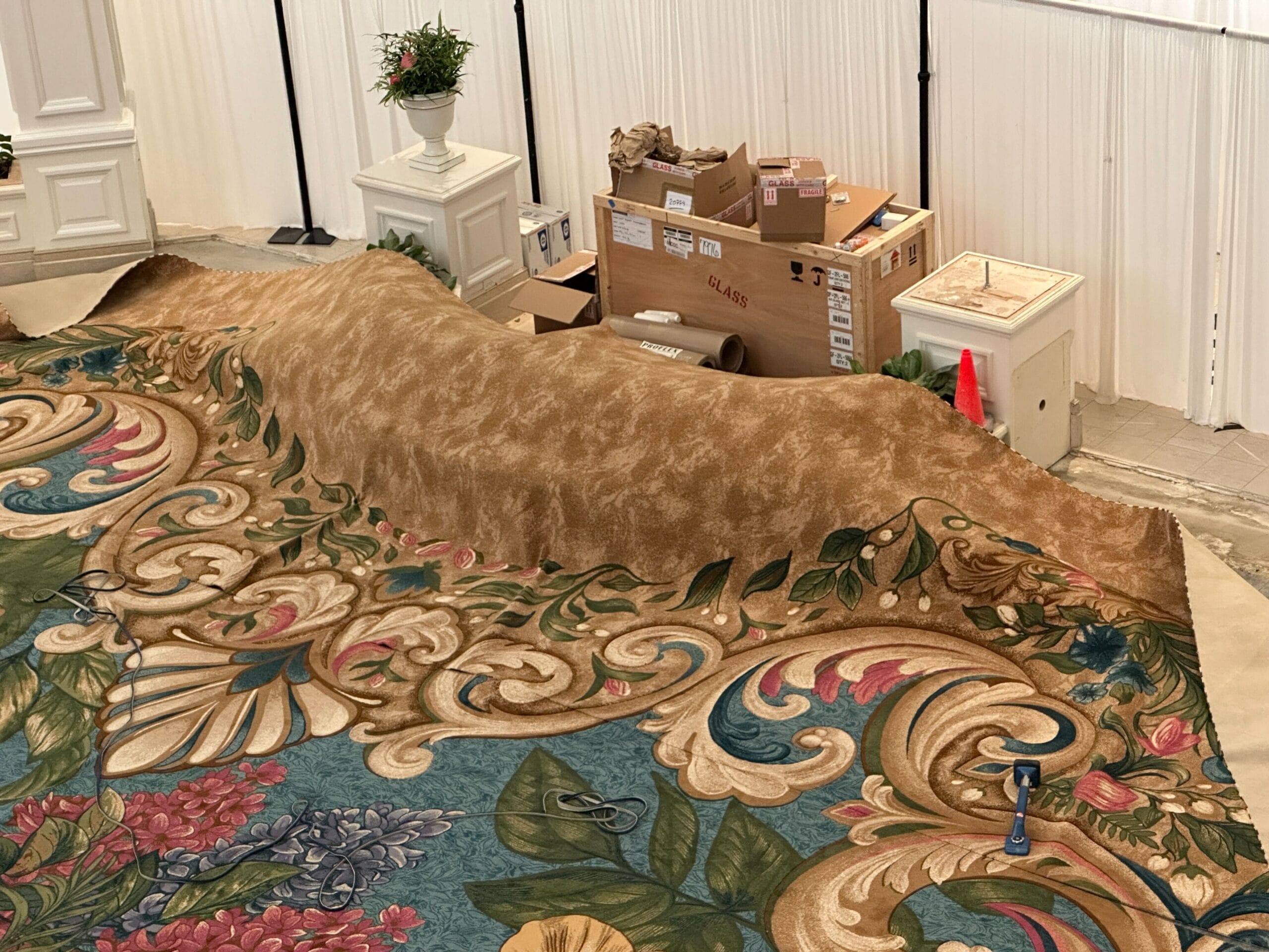 A rolled-up ornate carpet with floral designs, boxes, and a potted plant by a white wall—evoking Disney park lobby decor.