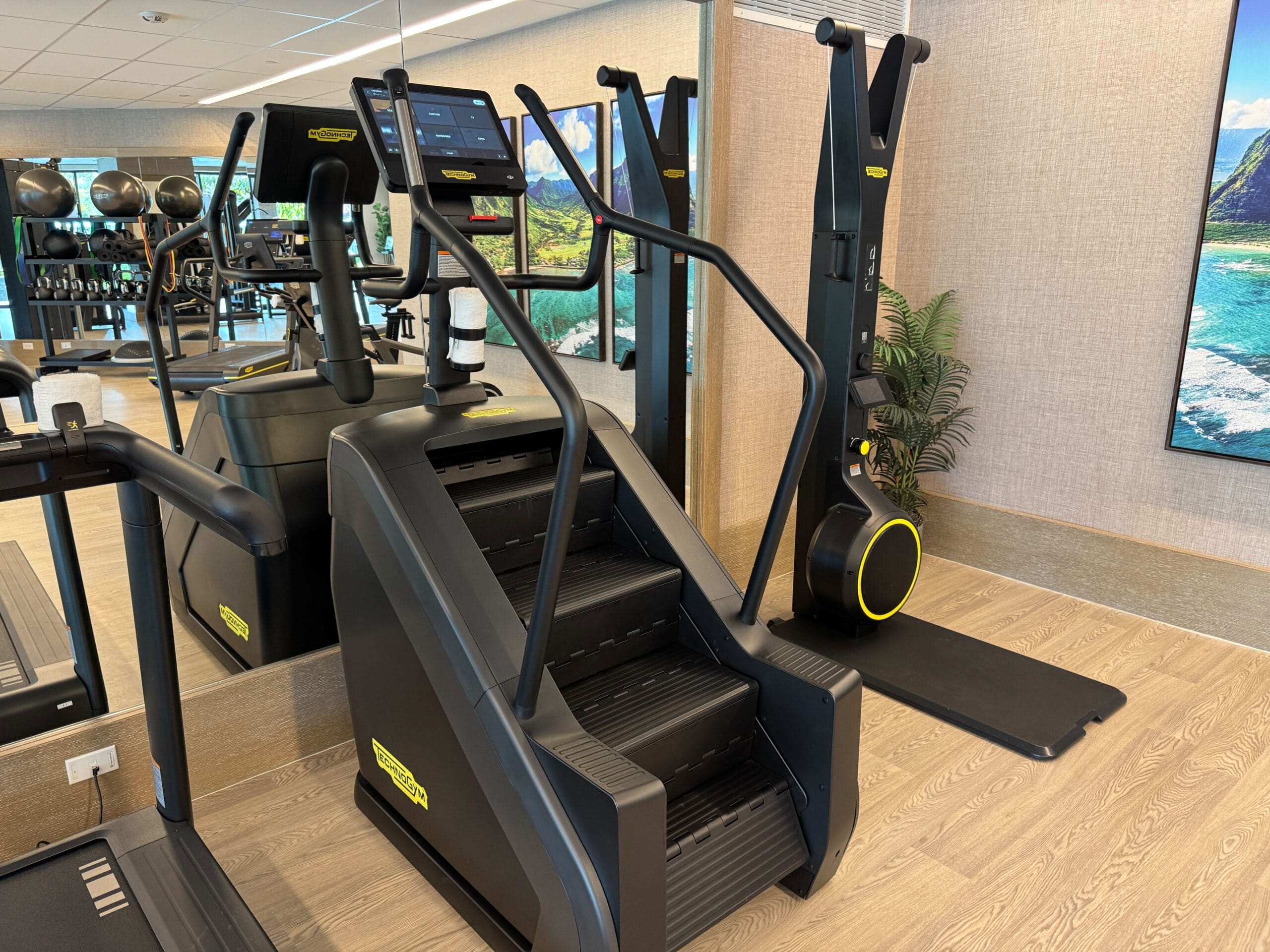 A modern gym featuring stair climbers, exercise machines, and a wall with landscape images.