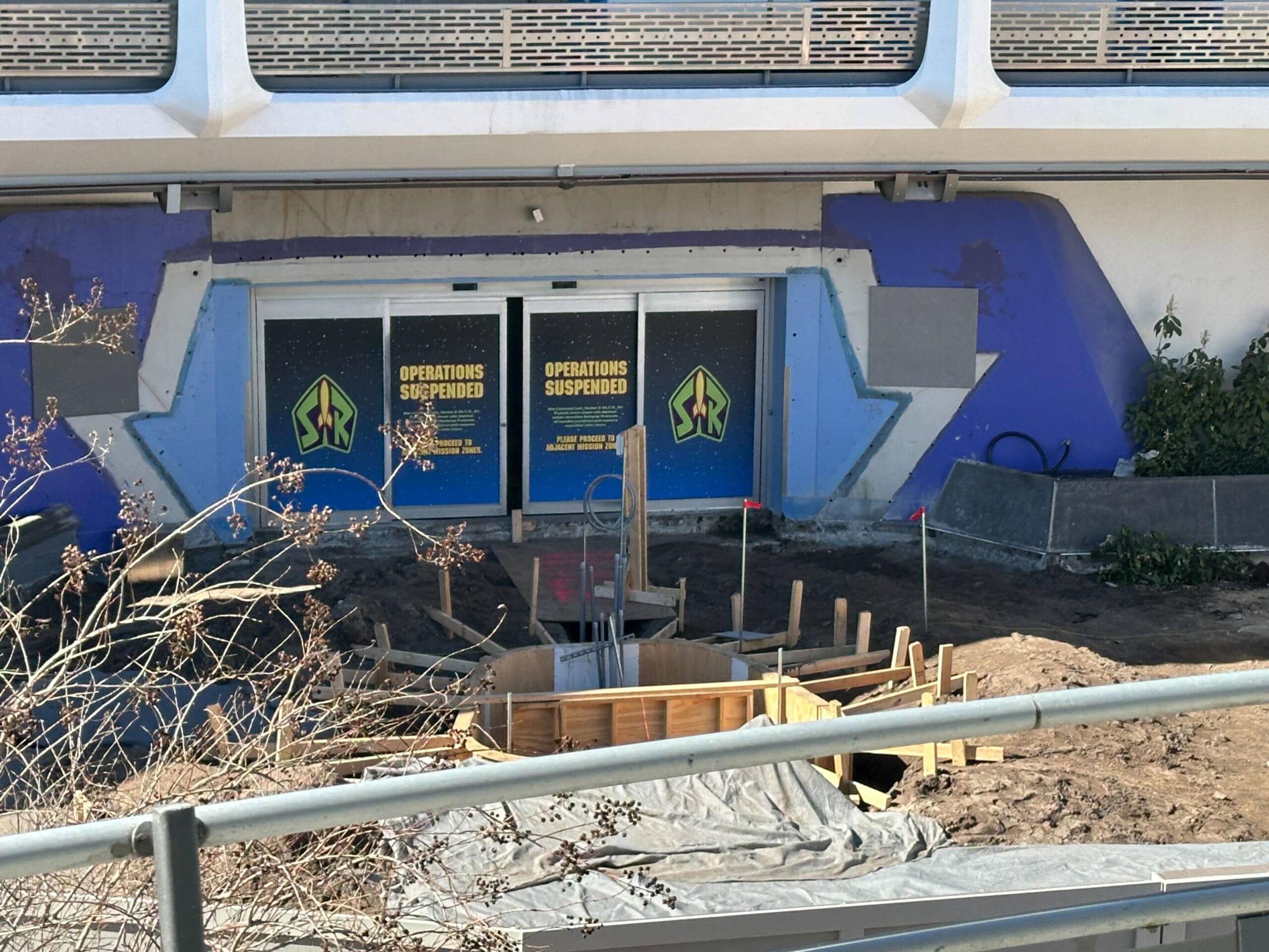 Construction work at the site of Buzz Lightyear's Space Ranger Spin in Magic Kingdom, as seen from the PeopleMover