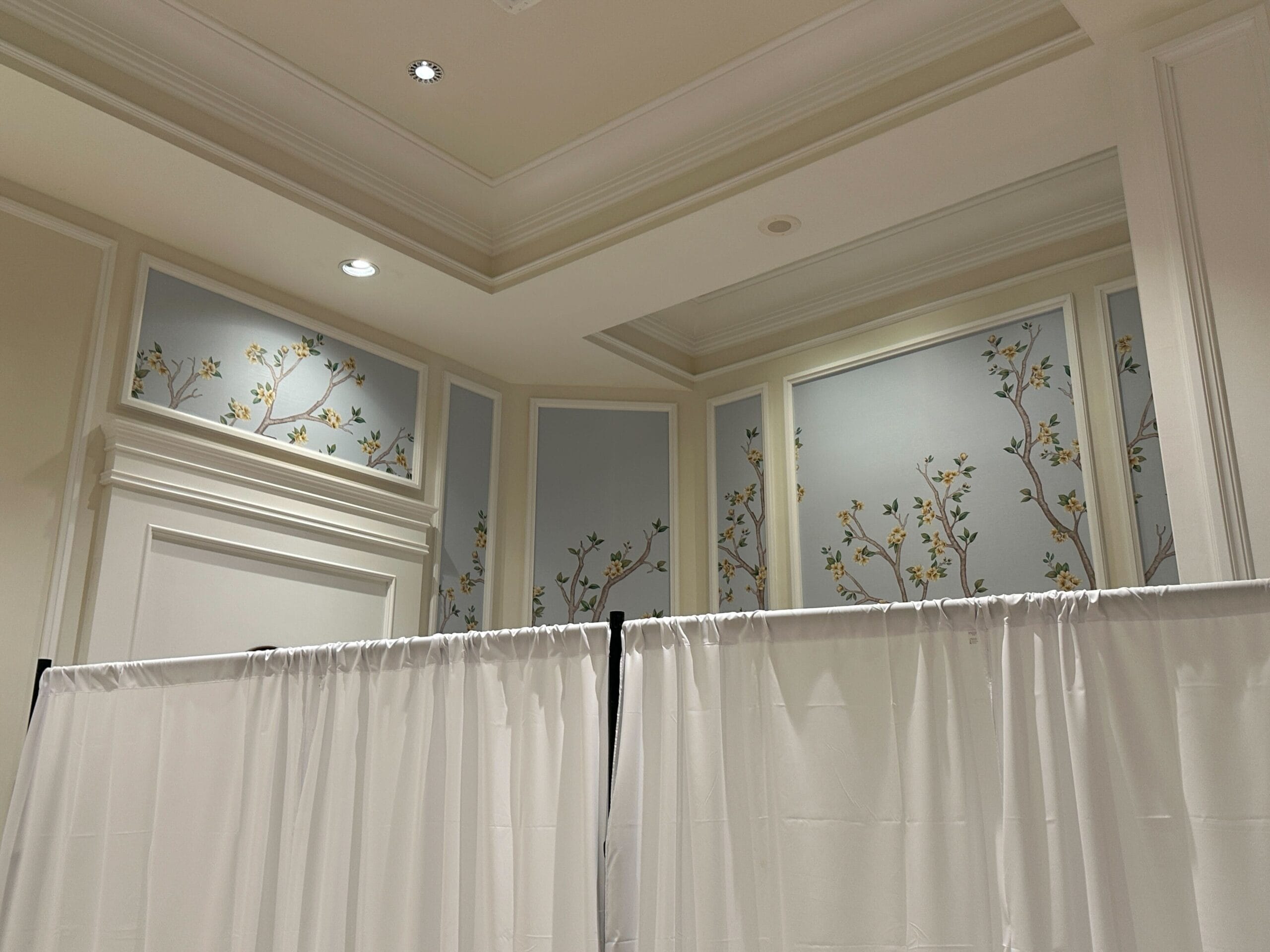 White curtains partially obstruct a room with decorative floral wall panels and recessed ceiling lights.