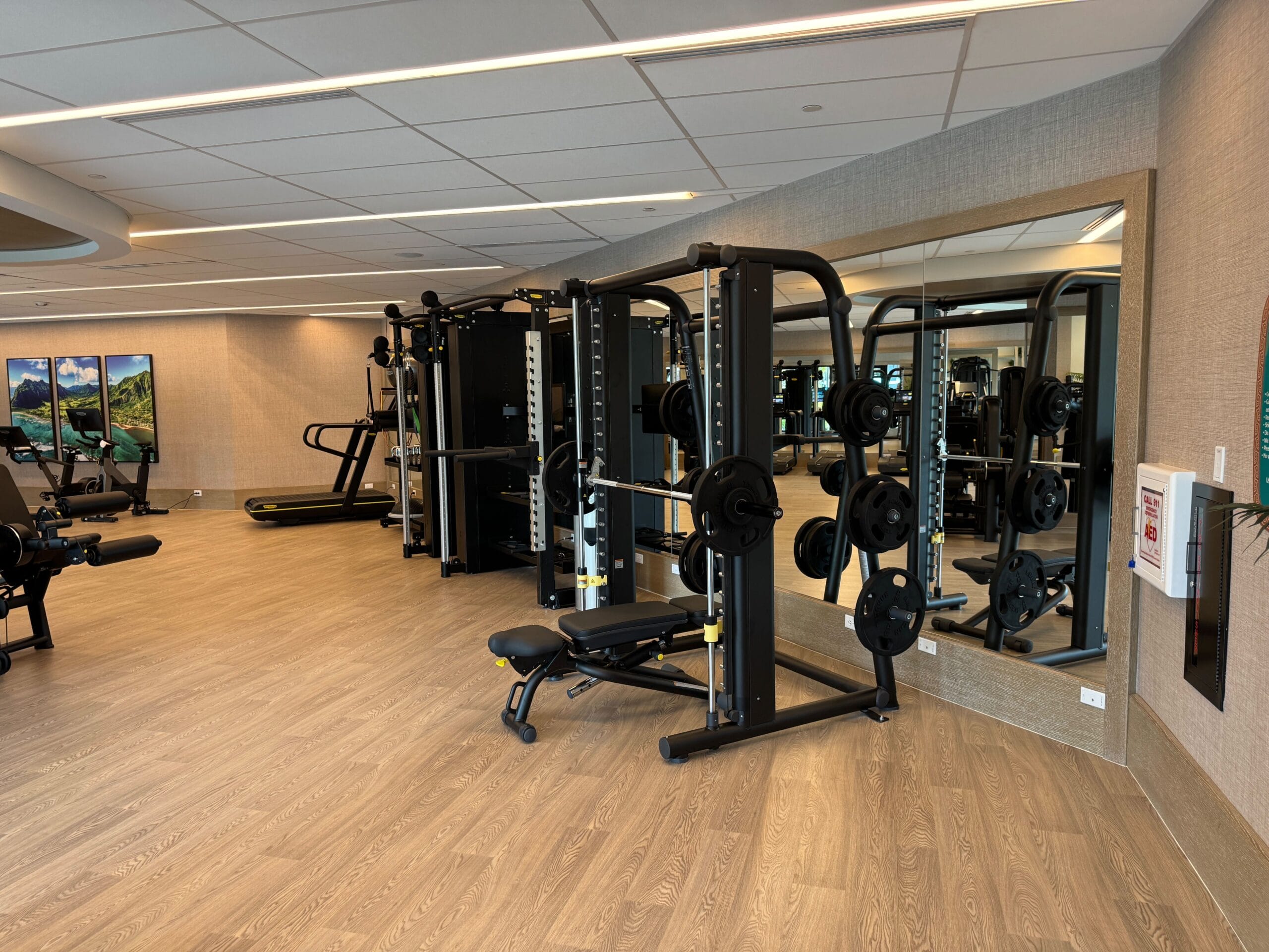A modern gym with a focus on weightlifting equipment, including a power rack with weights, benches, and mirrors.