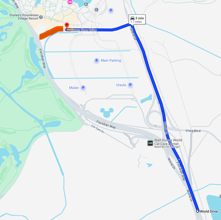 Map showing a route from Disney's Polynesian Village Resort along Seven Seas Drive to a nearby location, highlighted in blue, with a driving time of 3 minutes over 1.1 miles. Note that certain attractions along the way may be temporarily closed at Walt Disney World.