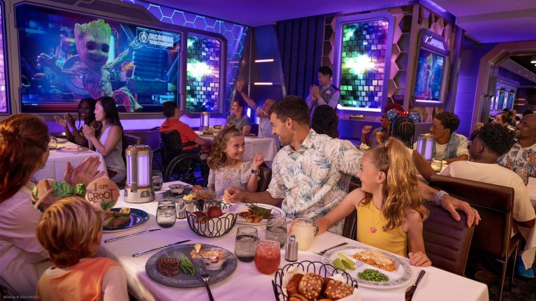 Worlds of Marvel, Disney Cruise Line’s Marvel-themed dining experience, with characters from “Guardians of the Galaxy” films on the Disney Destiny