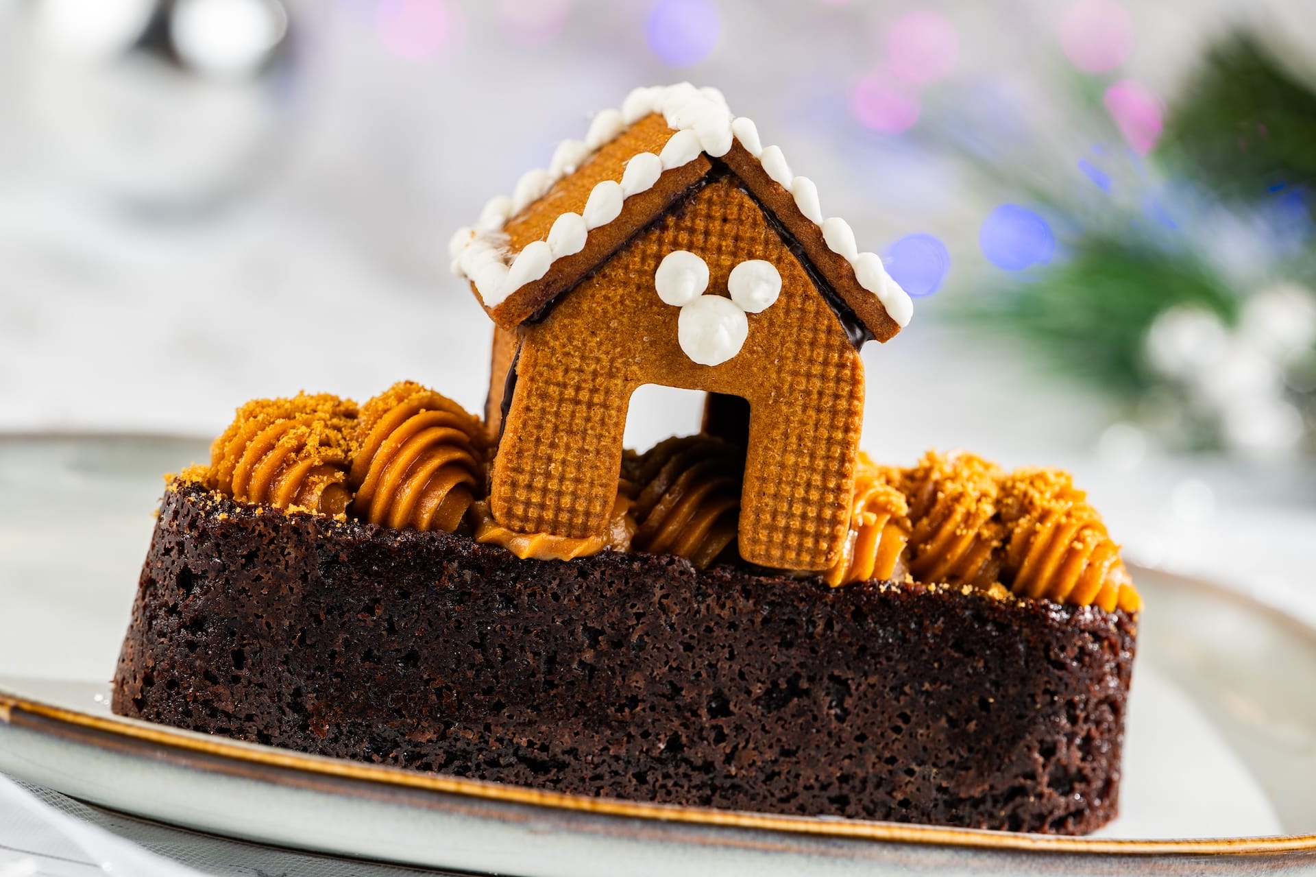 Chocolate cake with caramel frosting, topped by a gingerbread house decorated like a snowy Disney castle with white icing details.