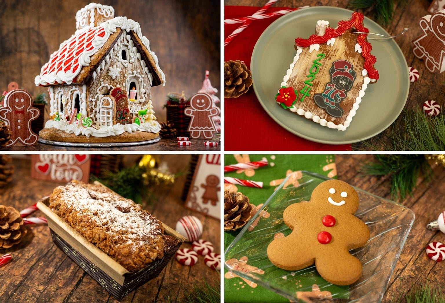 A gingerbread Spaceship Earth, decorated cookies with frosting, a loaf cake with powdered sugar, and a smiling cookie on a plate with peppermint candies.