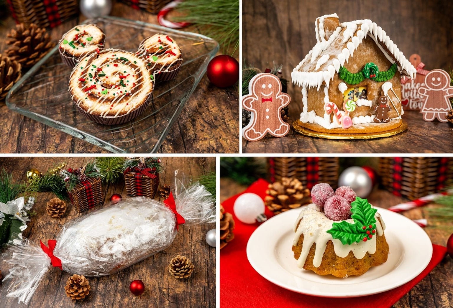 A collage of Christmas treats: festive cookies on a glass tray, a gingerbread Spaceship Earth, a wrapped loaf with holiday decor, and a mini cake with icing and berries on a white plate.
