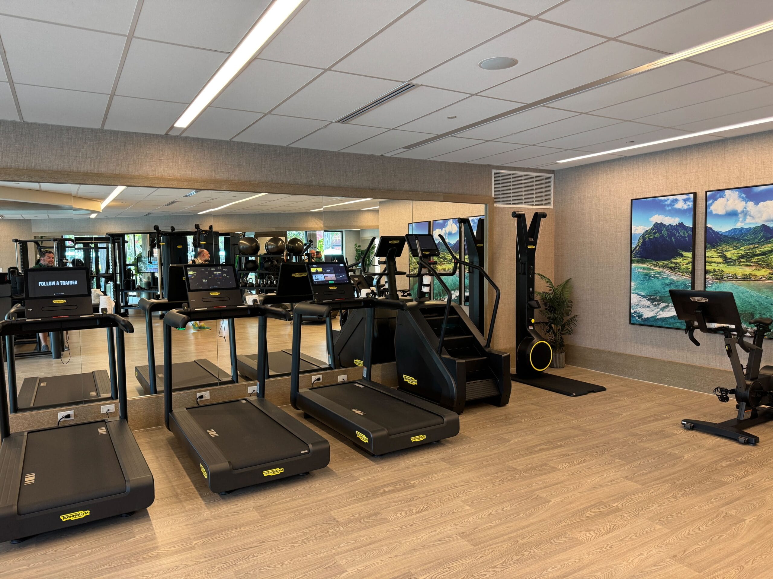 A modern gym with treadmills, exercise bikes, and mirrors. Two colorful landscape posters decorate the wall.